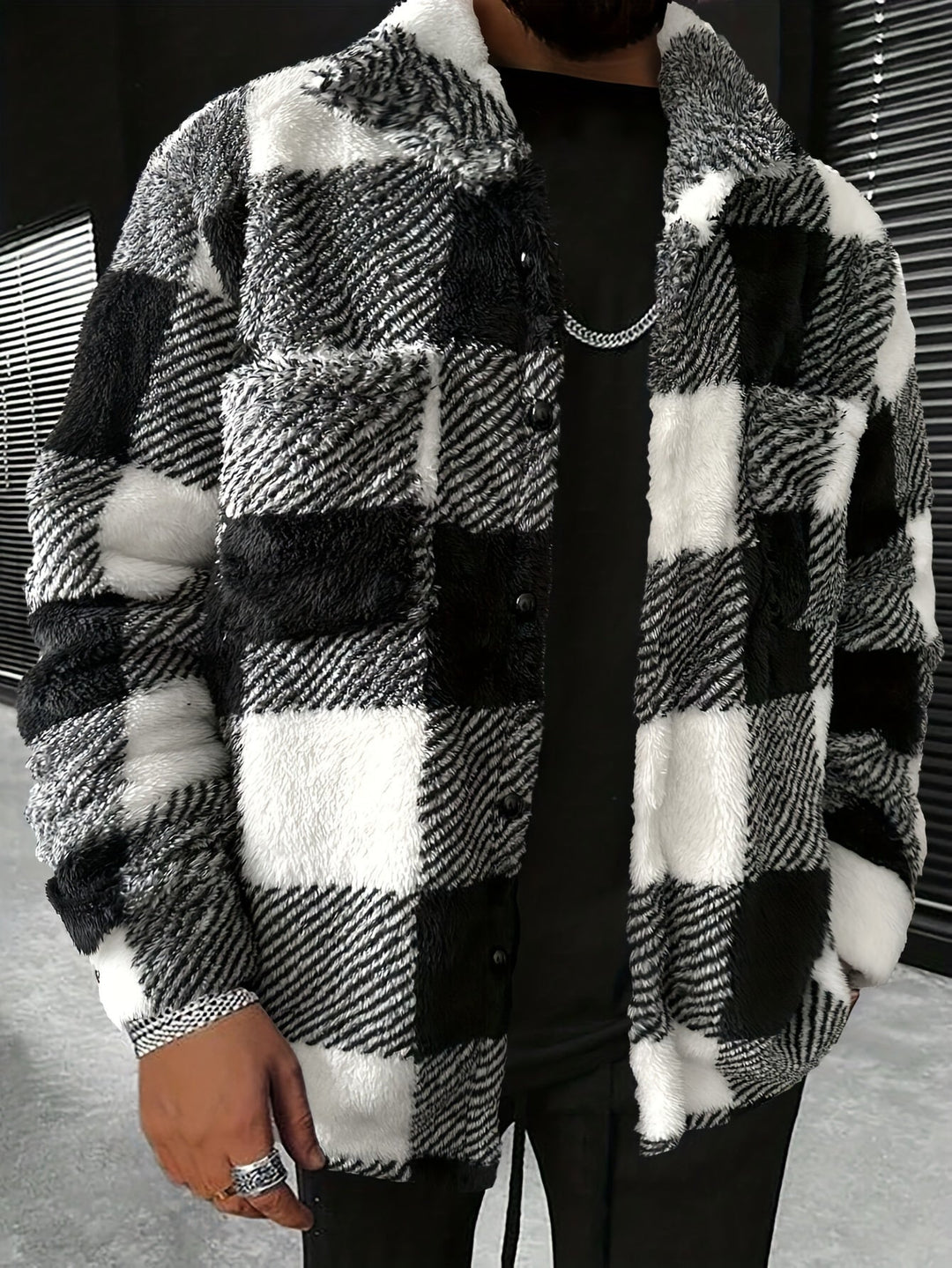 Mens Fleece Jacket Checked Pattern Regular Fit - BritishMode