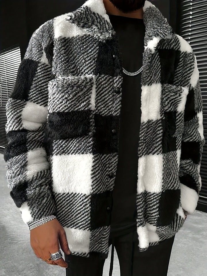 Mens Fleece Jacket Checked Pattern Regular Fit - BritishMode