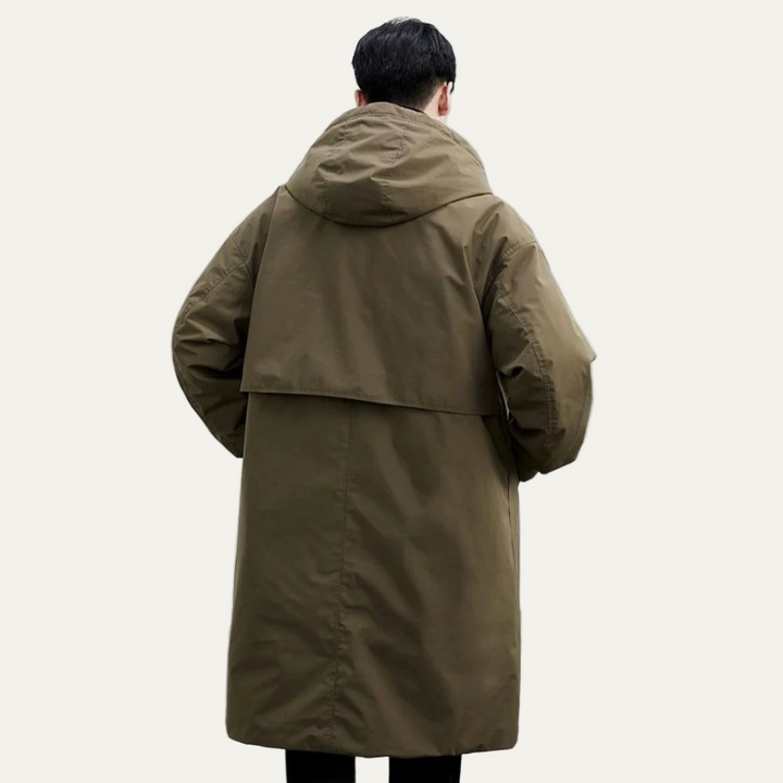 Mens Layered Hooded Long Overcoat Wool Blend