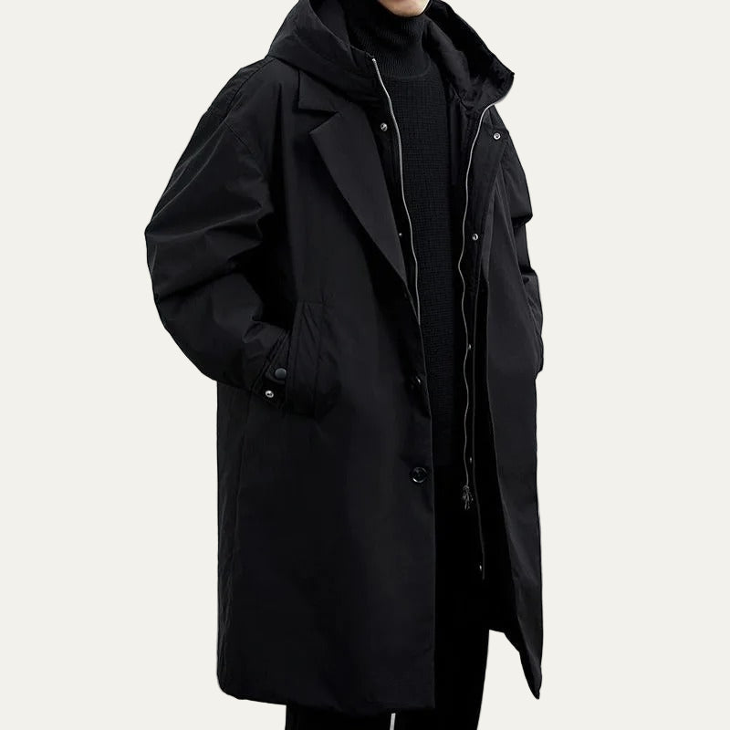 Mens Layered Hooded Long Overcoat Wool Blend