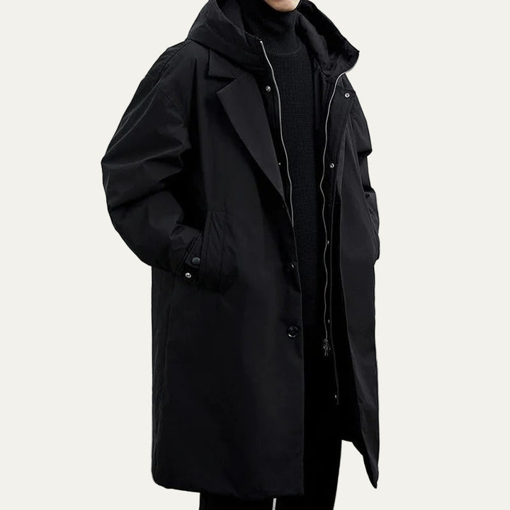 Mens Layered Hooded Long Overcoat Wool Blend