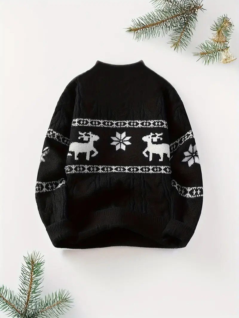 Mens Knit Sweater Reindeer Pattern Crewneck