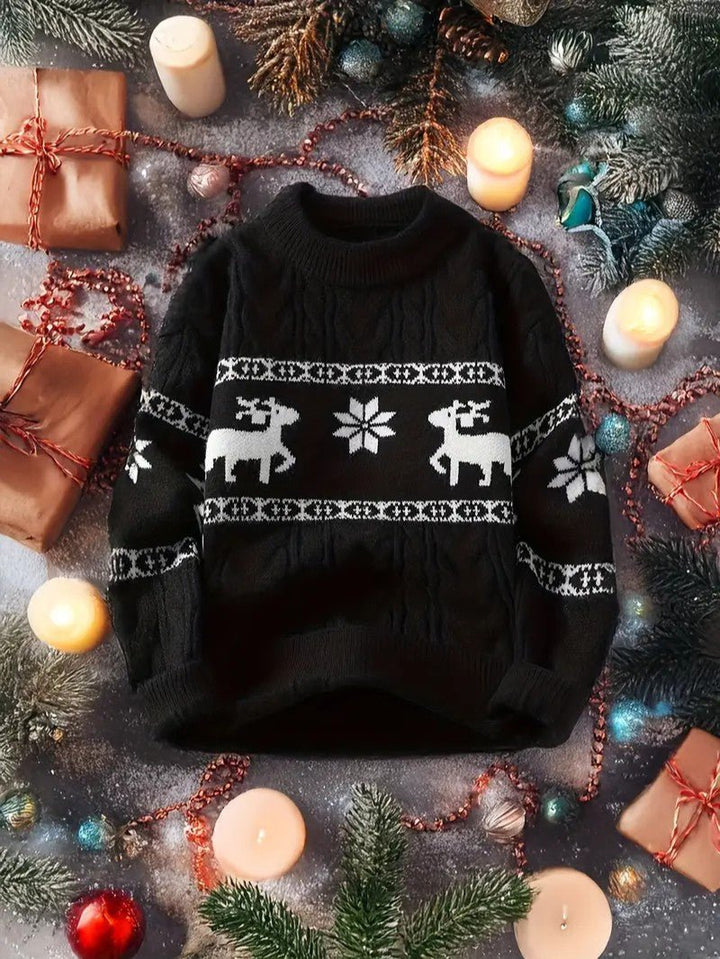 Mens Knit Sweater Reindeer Pattern Crewneck