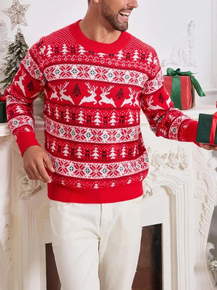 Mens Knit Sweater Reindeer Pattern Crewneck