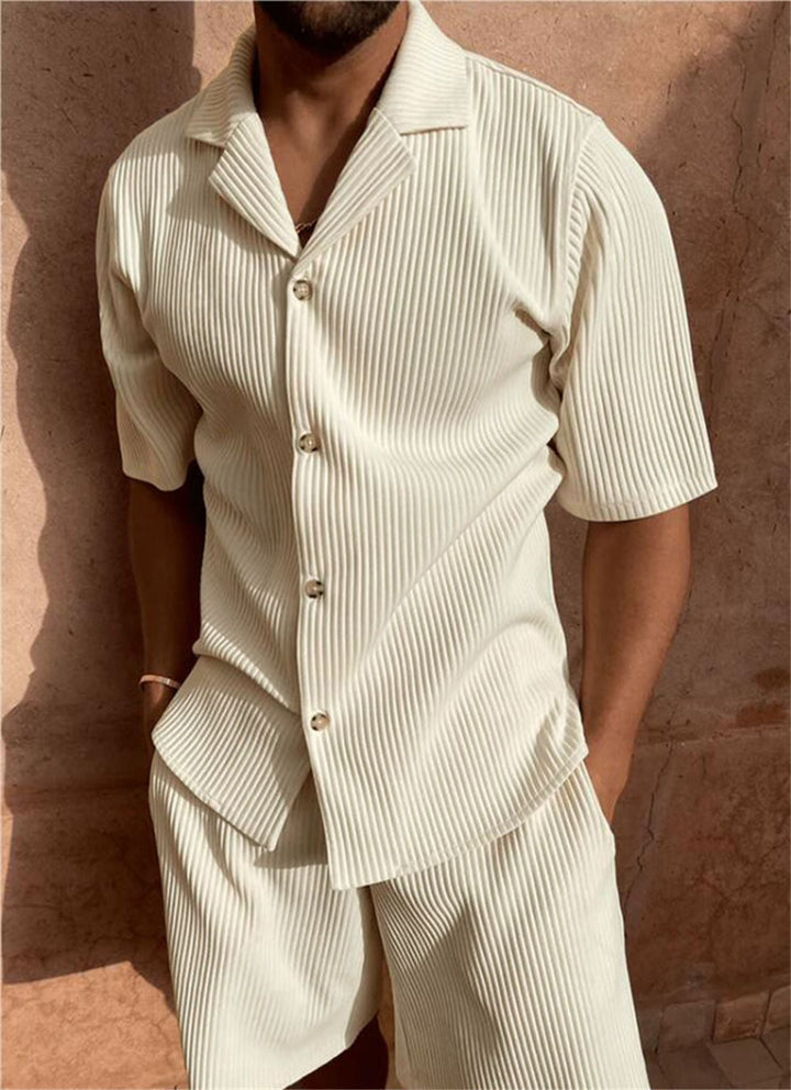 Mens Ribbed Button-Up Shirt and Shorts Set - BritishMode