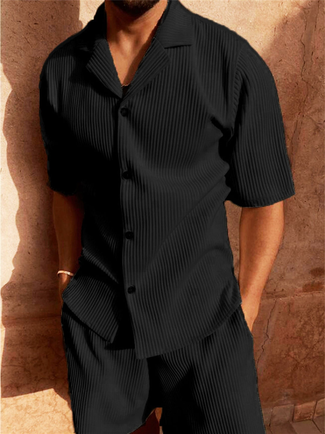 Mens Ribbed Button-Up Shirt and Shorts Set