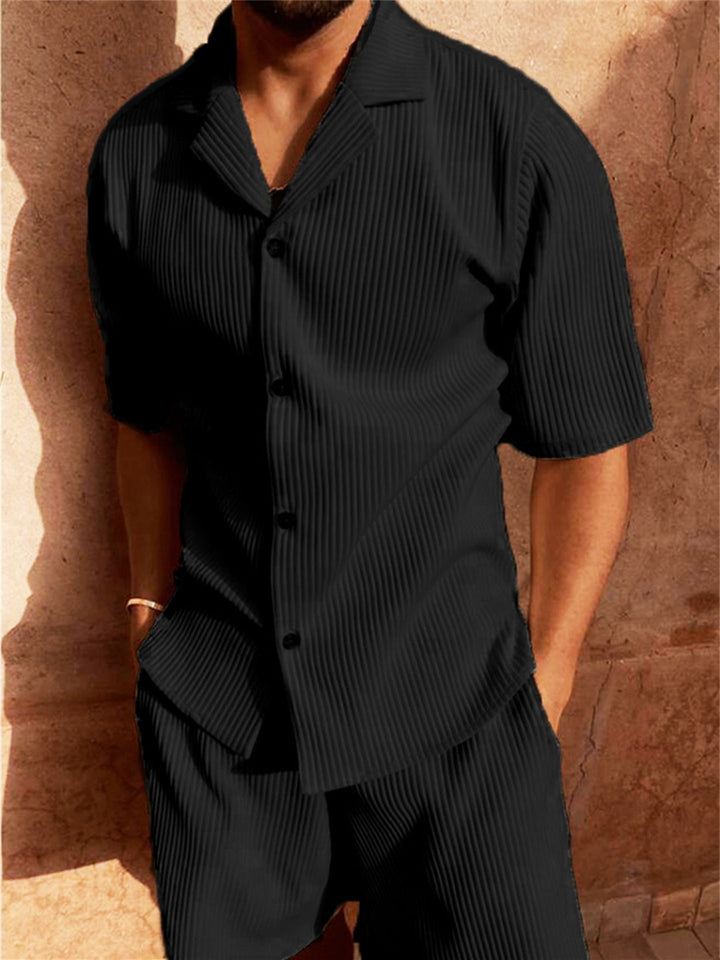 Mens Ribbed Button-Up Shirt and Shorts Set