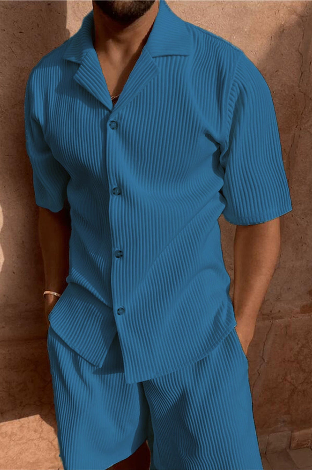 Mens Ribbed Button-Up Shirt and Shorts Set