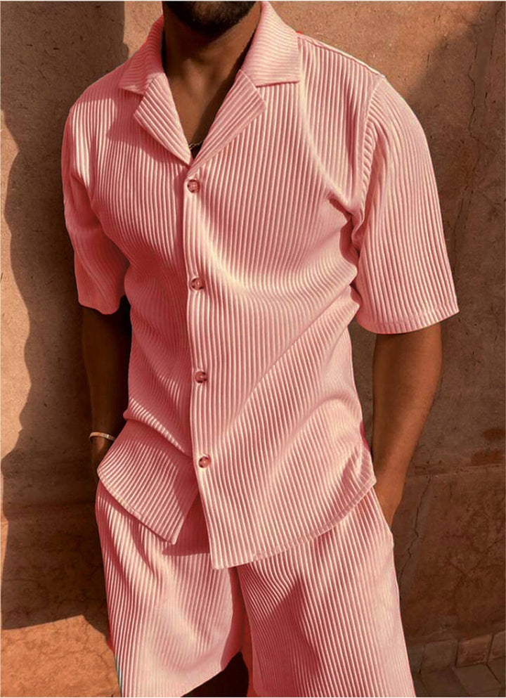 Mens Ribbed Button-Up Shirt and Shorts Set