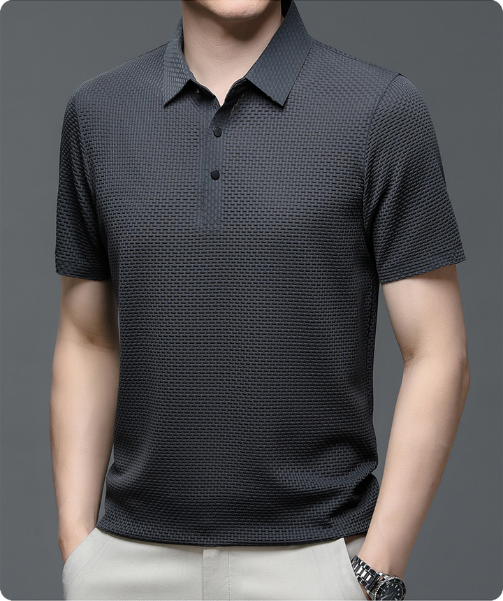 Mens Polo Shirt Textured Short Sleeve Button Front - BritishMode