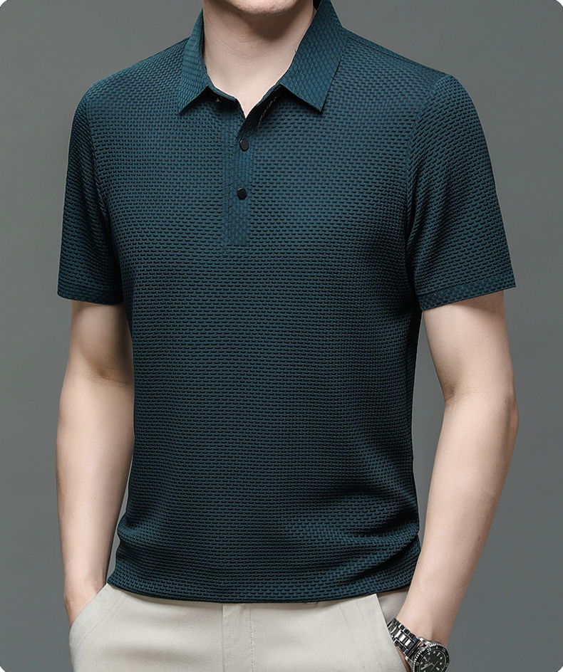 Mens Polo Shirt Textured Short Sleeve Button Front
