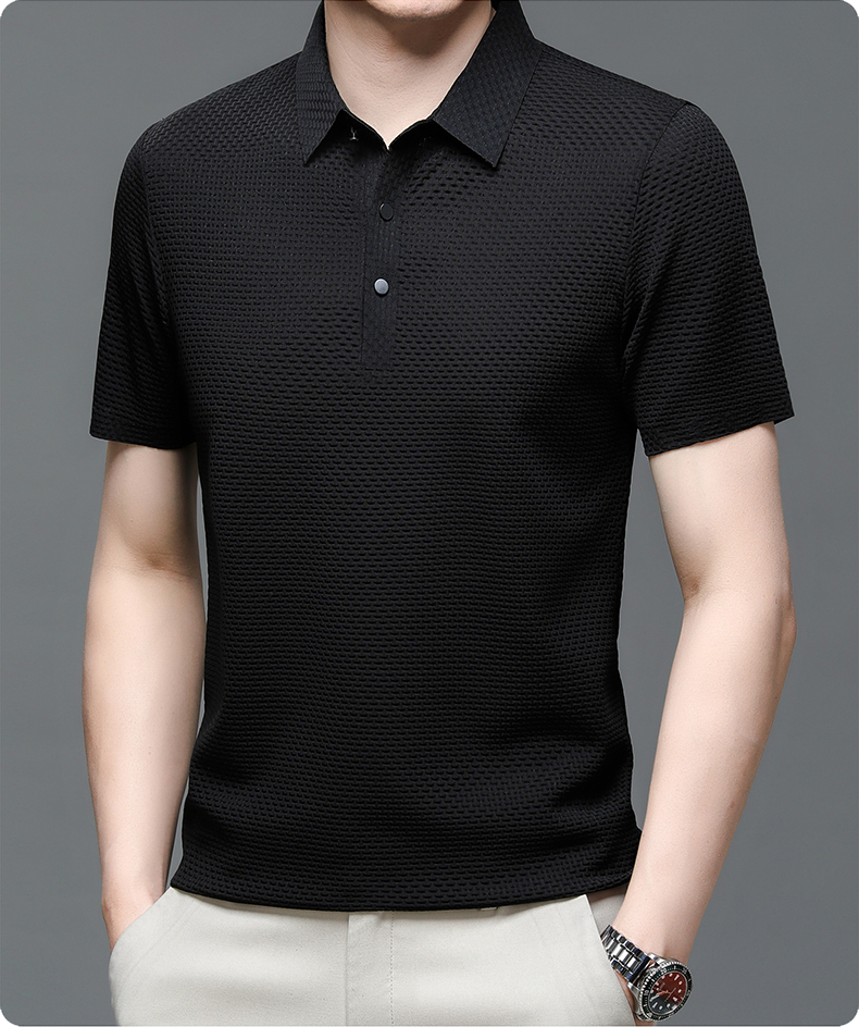 Mens Polo Shirt Textured Short Sleeve Button Front