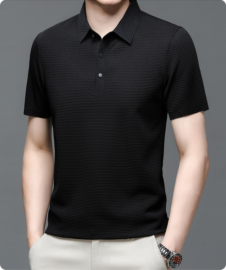 Mens Polo Shirt Textured Short Sleeve Button Front