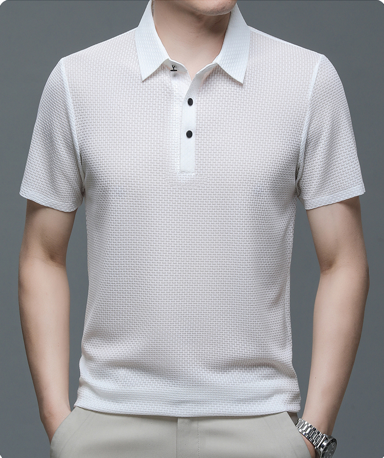 Mens Polo Shirt Textured Short Sleeve Button Front