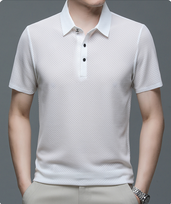 Mens Polo Shirt Textured Short Sleeve Button Front
