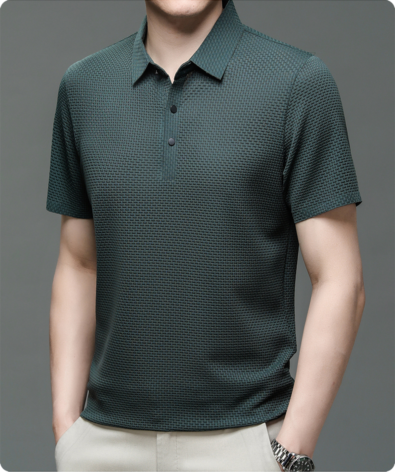 Mens Polo Shirt Textured Short Sleeve Button Front