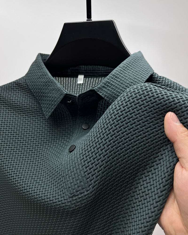 Mens Polo Shirt Textured Short Sleeve Button Front