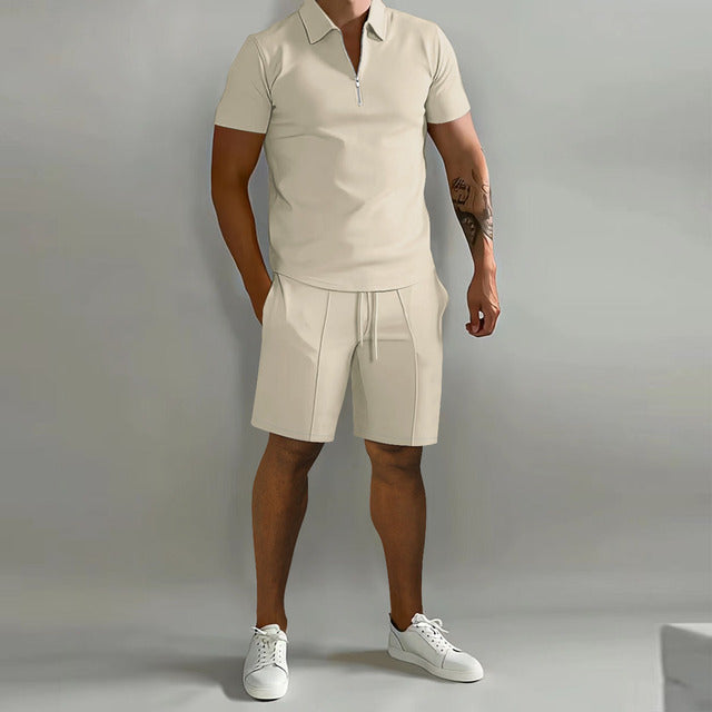 Mens Polo Shirt and Shorts Set Zip Casual Fit - BritishMode