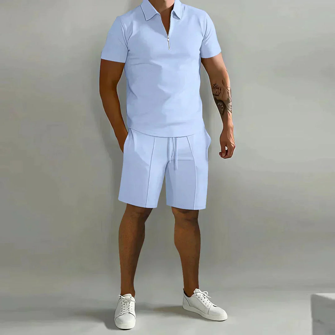Mens Polo Shirt and Shorts Set Zip Casual Fit