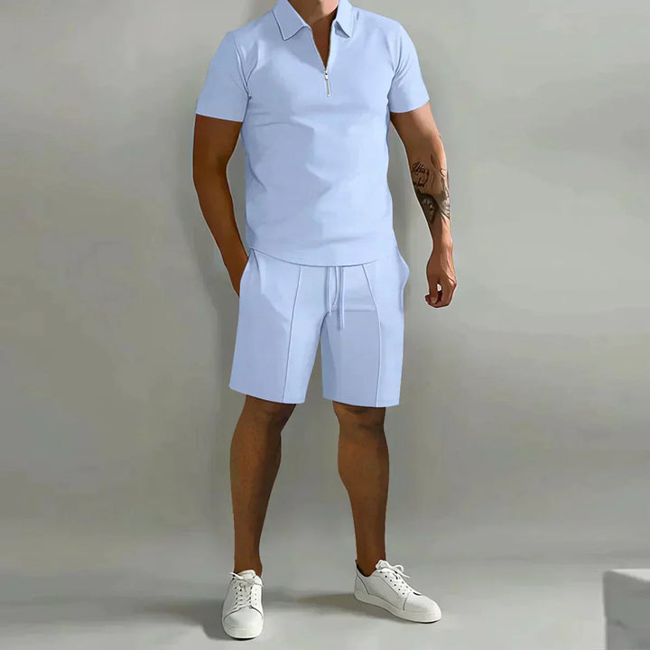 Mens Polo Shirt and Shorts Set Zip Casual Fit
