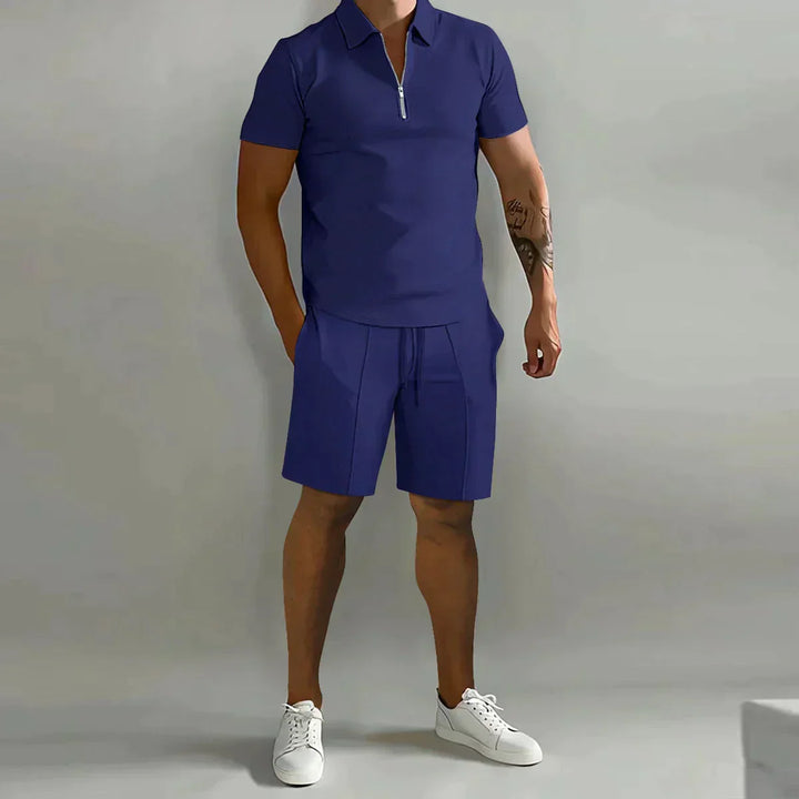 Mens Polo Shirt and Shorts Set Zip Casual Fit