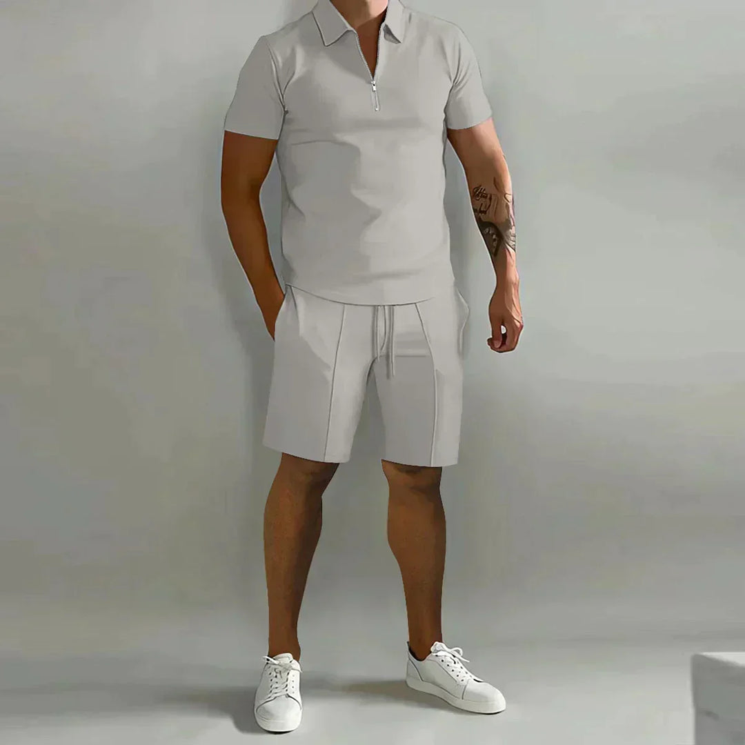 Mens Polo Shirt and Shorts Set Zip Casual Fit