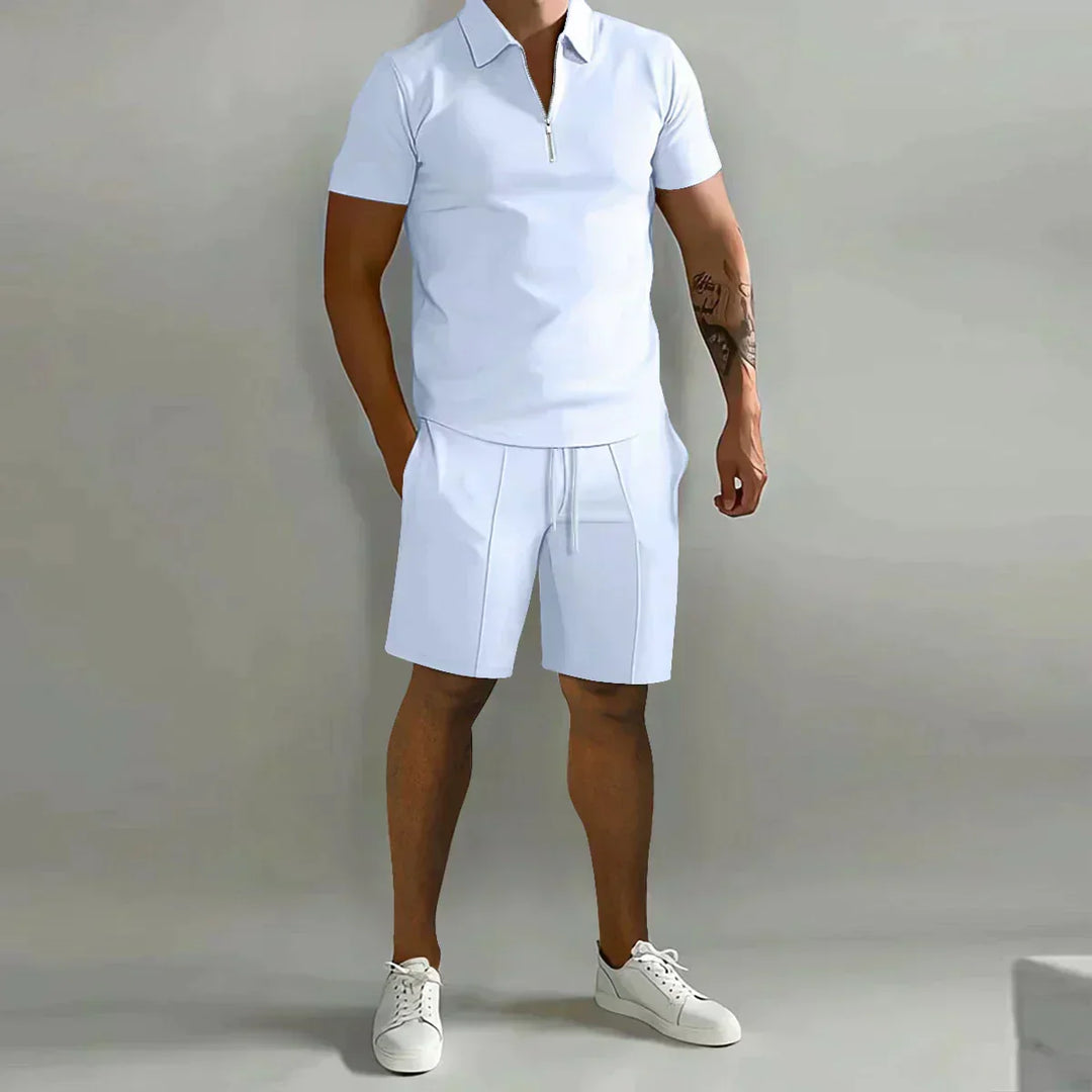 Mens Polo Shirt and Shorts Set Zip Casual Fit