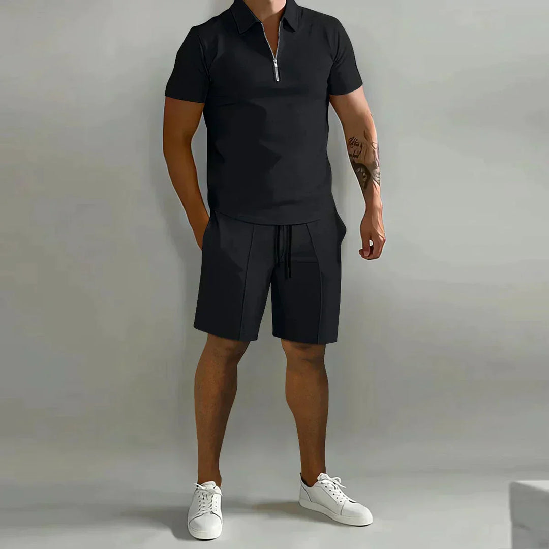 Mens Polo Shirt and Shorts Set Zip Casual Fit