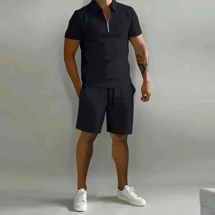 Mens Polo Shirt and Shorts Set Zip Casual Fit