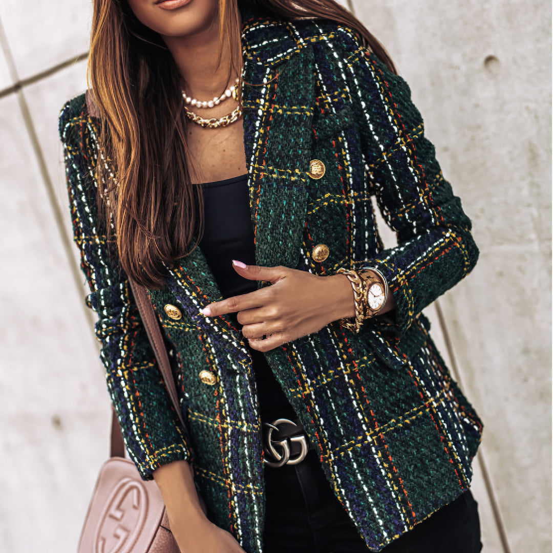 Womens Blazer Check Pattern Double Breasted Notched Lapel - BritishMode