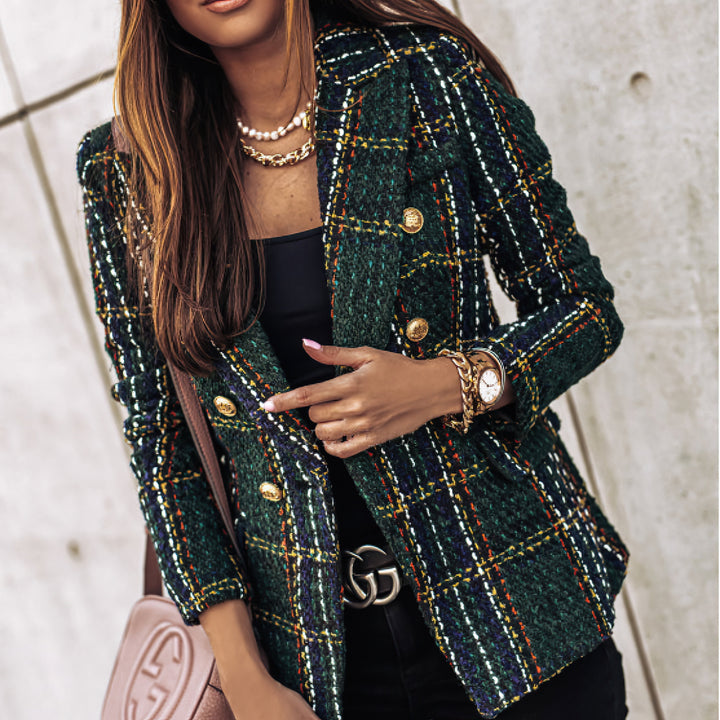 Womens Blazer Check Pattern Double Breasted Notched Lapel - BritishMode
