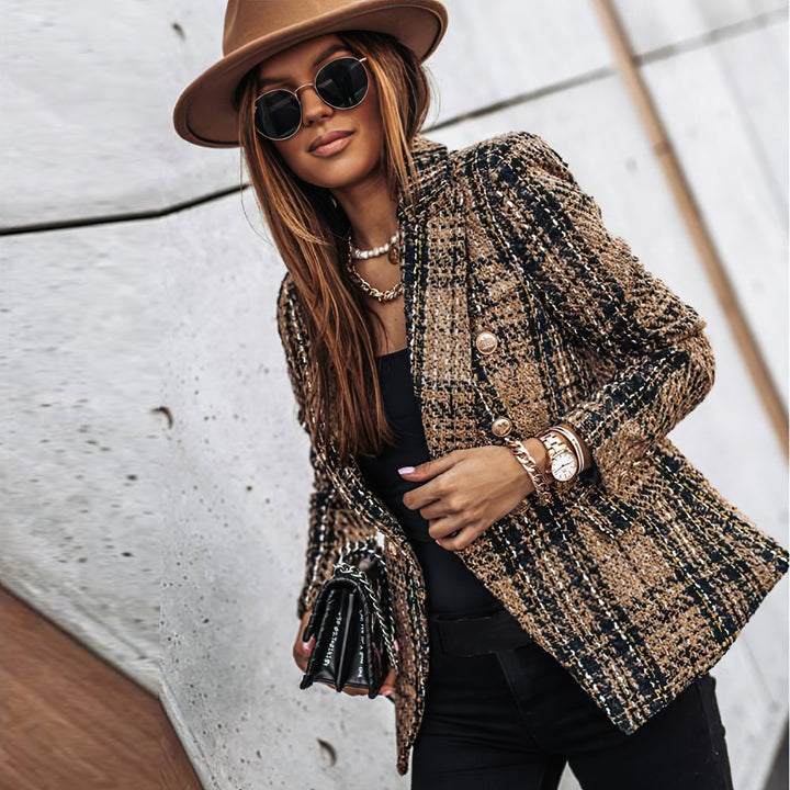 Womens Blazer Check Pattern Double Breasted Notched Lapel