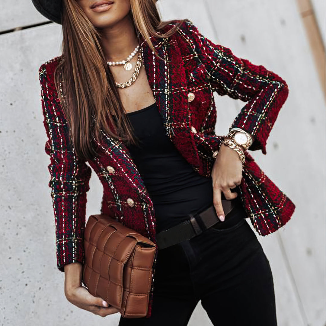 Womens Blazer Check Pattern Double Breasted Notched Lapel