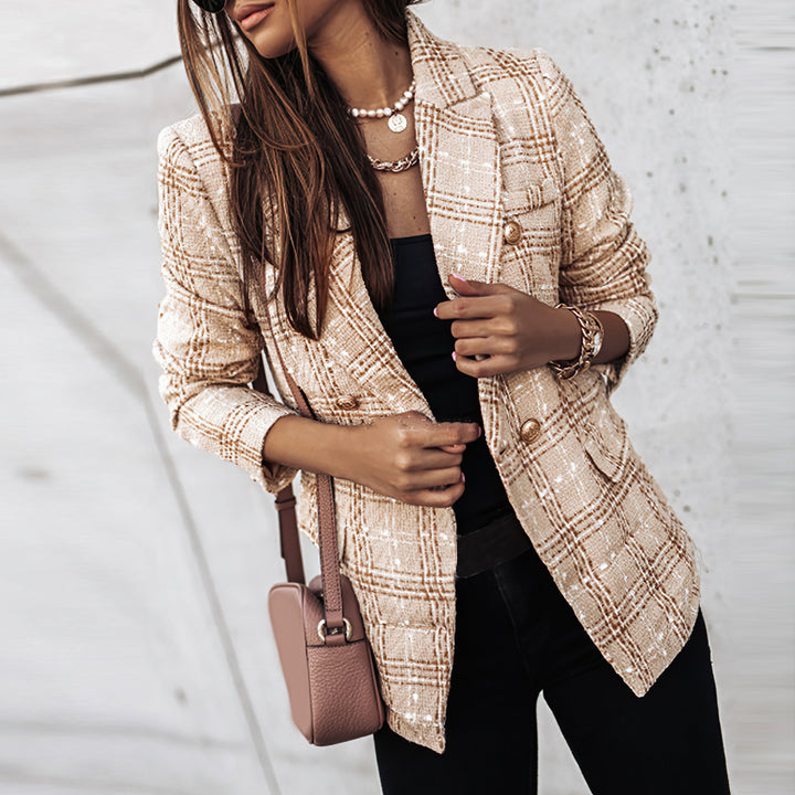 Womens Blazer Check Pattern Double Breasted Notched Lapel