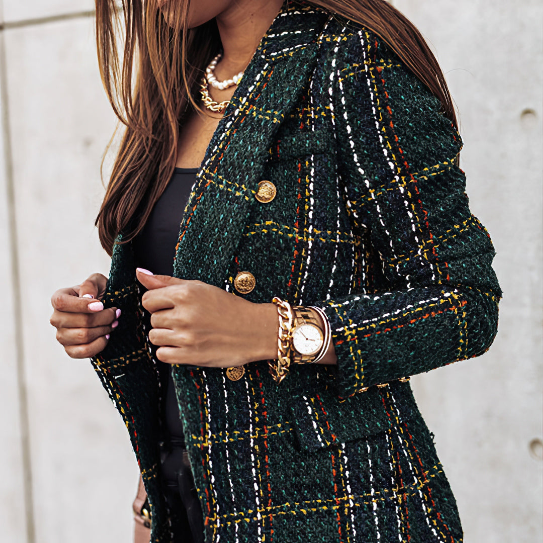 Womens Blazer Check Pattern Double Breasted Notched Lapel
