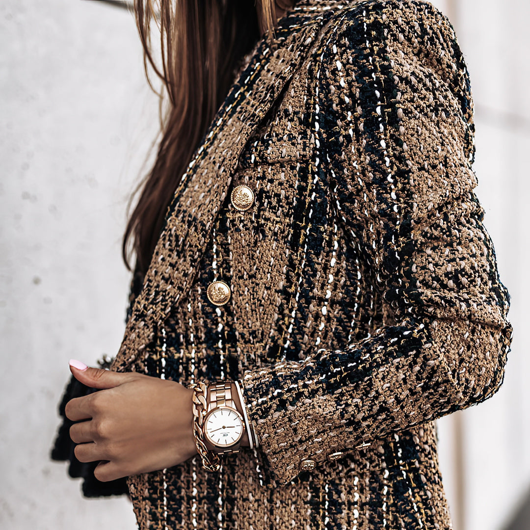 Womens Blazer Check Pattern Double Breasted Notched Lapel