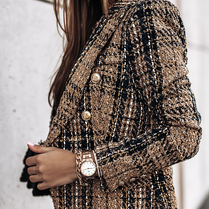Womens Blazer Check Pattern Double Breasted Notched Lapel