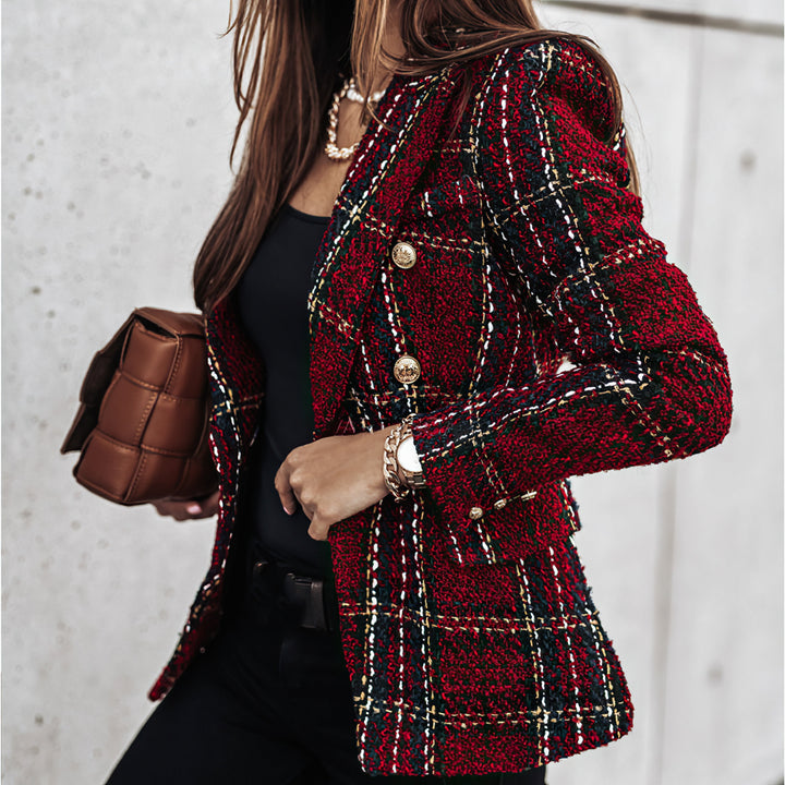 Womens Blazer Check Pattern Double Breasted Notched Lapel