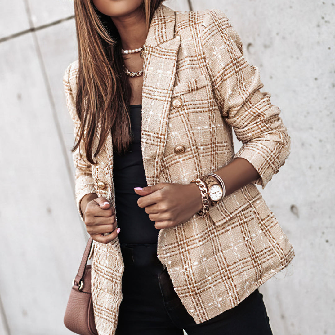 Womens Blazer Check Pattern Double Breasted Notched Lapel