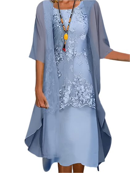 Womens Midi Dress Lace Floral Sheer Capelet Overlay - BritishMode