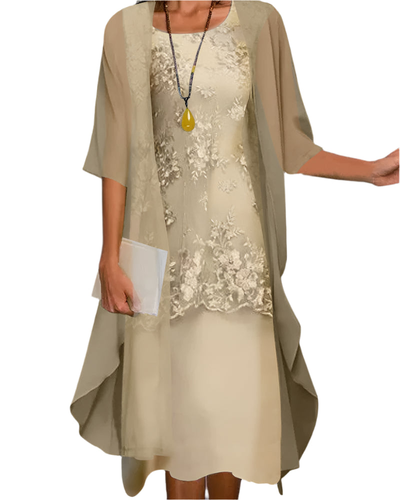 Womens Midi Dress Lace Floral Sheer Capelet Overlay