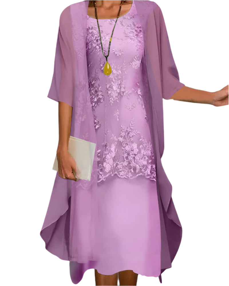 Womens Midi Dress Lace Floral Sheer Capelet Overlay