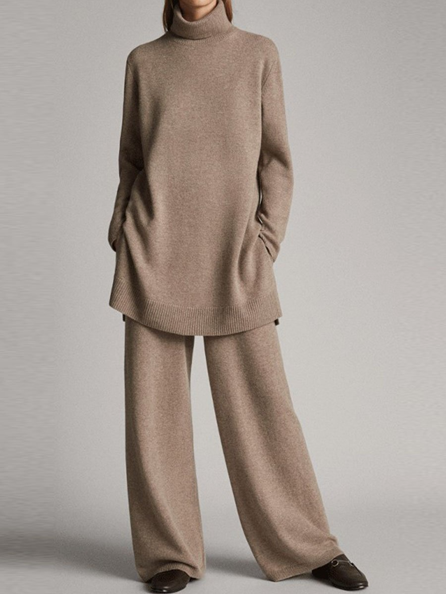 Womens Knit Loungewear Set High Neck Relaxed Fit
