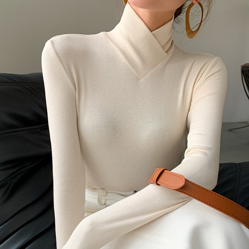 Womens Ribbed Knit Top V-Neck Turtleneck Fitted Long Sleeve - BritishMode