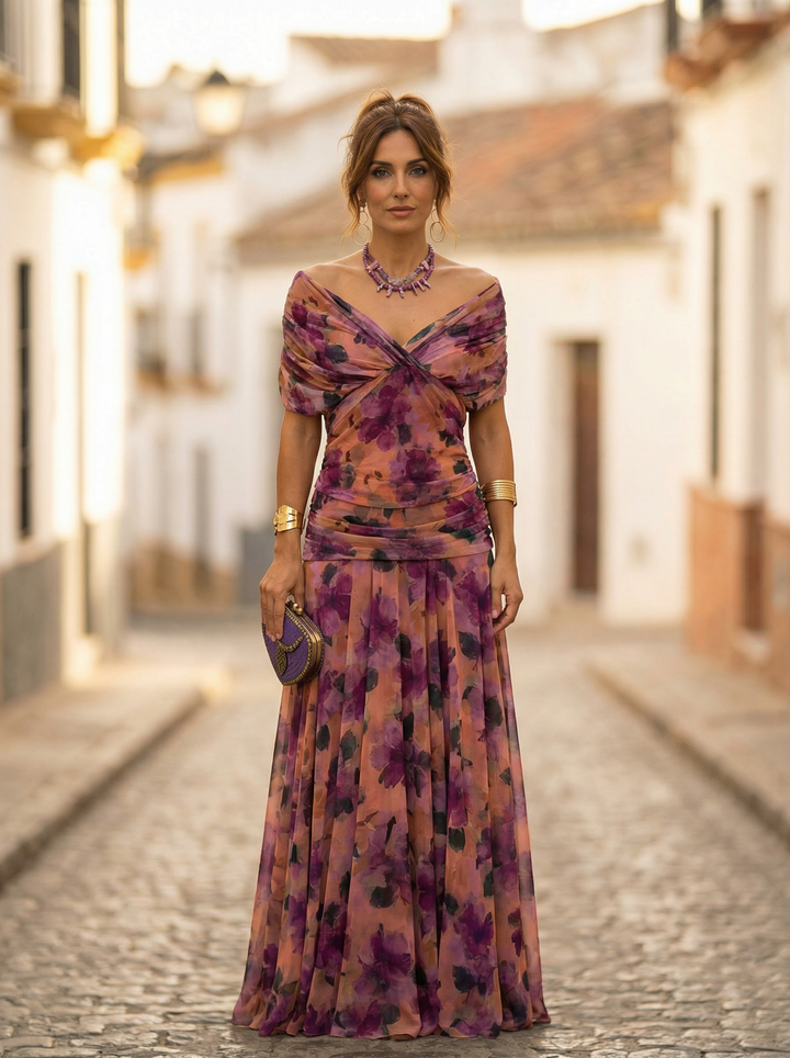 Womens Maxi Dress Chiffon Off Shoulder Ruched Style