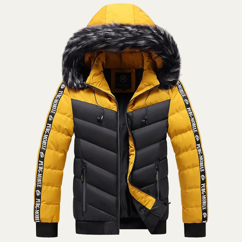 Mens Puffer Jacket Chevron Pattern Hooded Winter