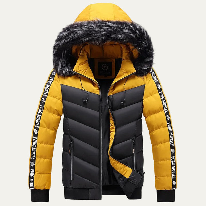 Mens Puffer Jacket Chevron Pattern Hooded Winter