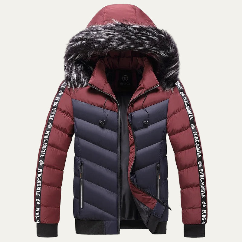 Mens Puffer Jacket Chevron Pattern Hooded Winter