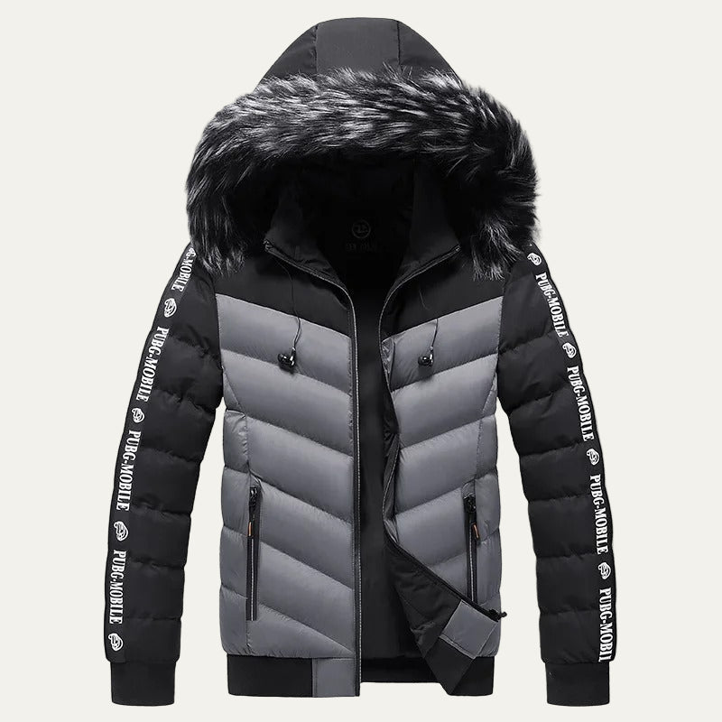 Mens Puffer Jacket Chevron Pattern Hooded Winter