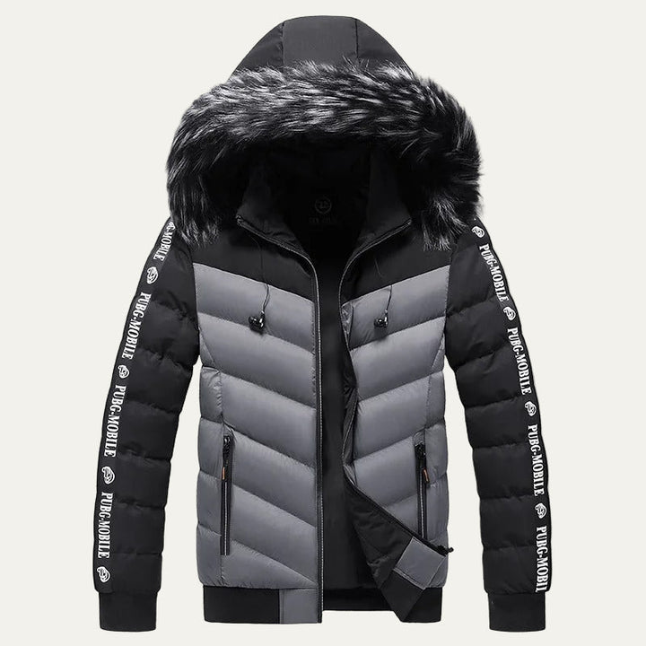 Mens Puffer Jacket Chevron Pattern Hooded Winter